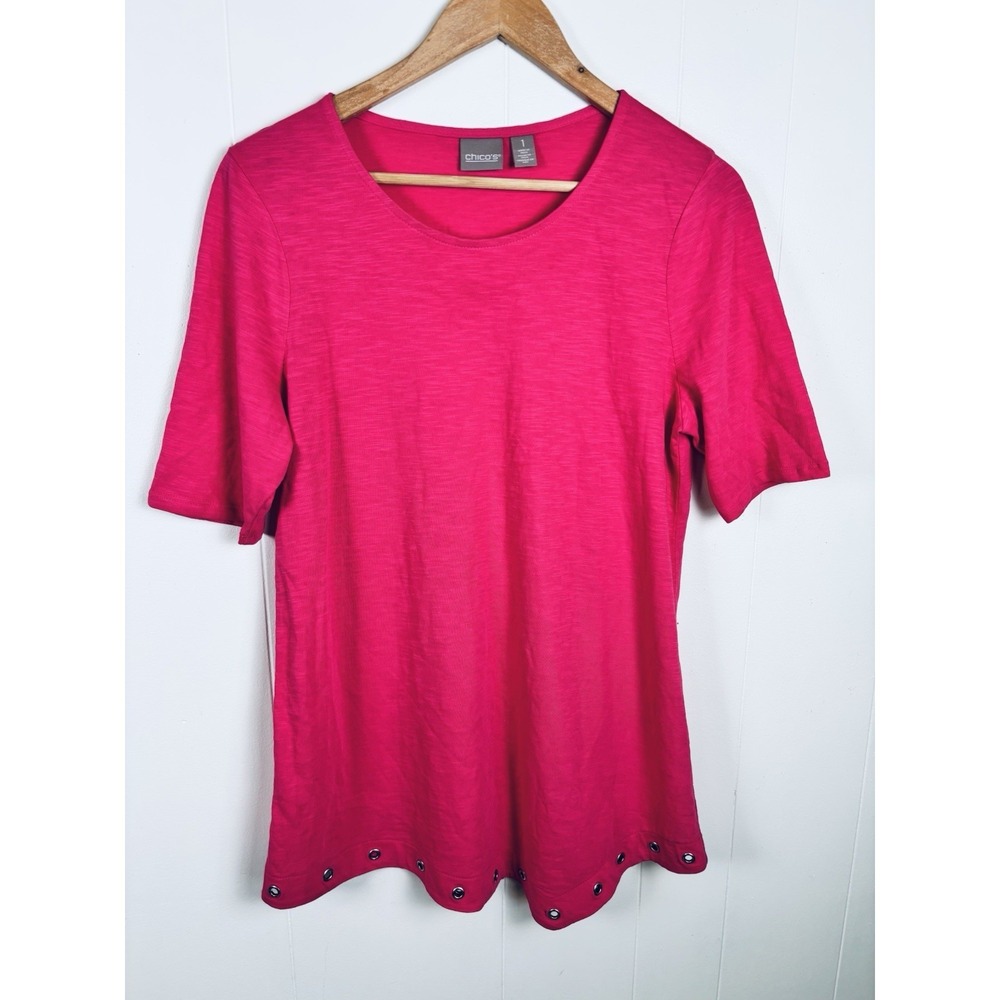 Chico's 1 Medium‎ Bright Pink Grommet Accent Short Sleeve Tee 100% Cotton Top
